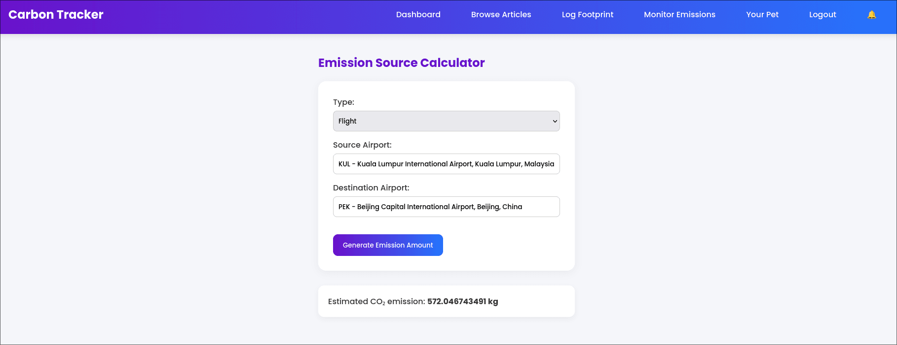 Carbon Footprint Tracker calculator view