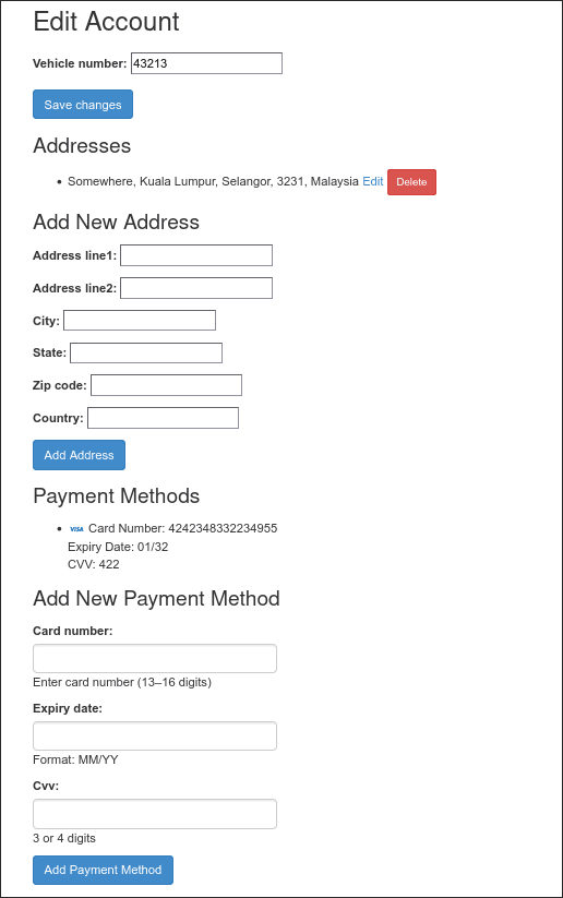 Petrol Delivery WebApp account settings page