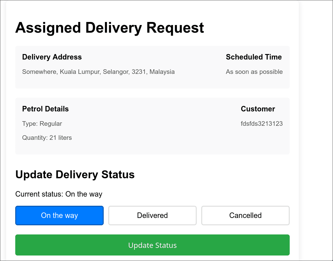 Petrol Delivery WebApp assigned delivery page