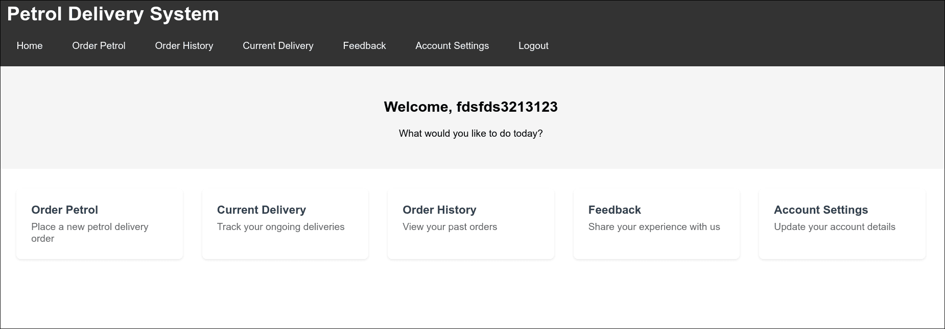 Petrol Delivery WebApp customer dashboard