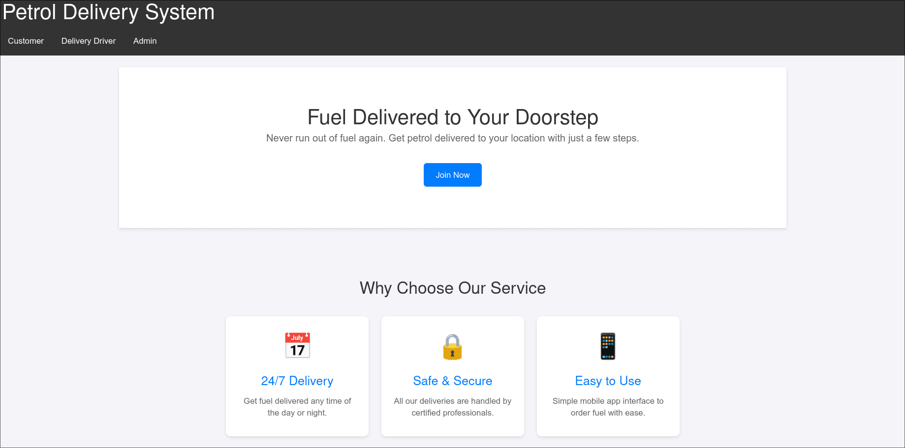 Petrol Delivery WebApp landing page