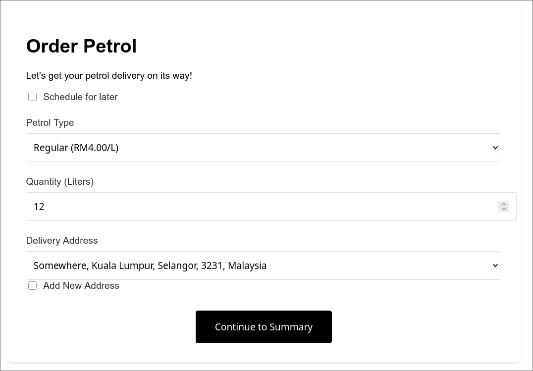 Petrol Delivery WebApp order petrol page